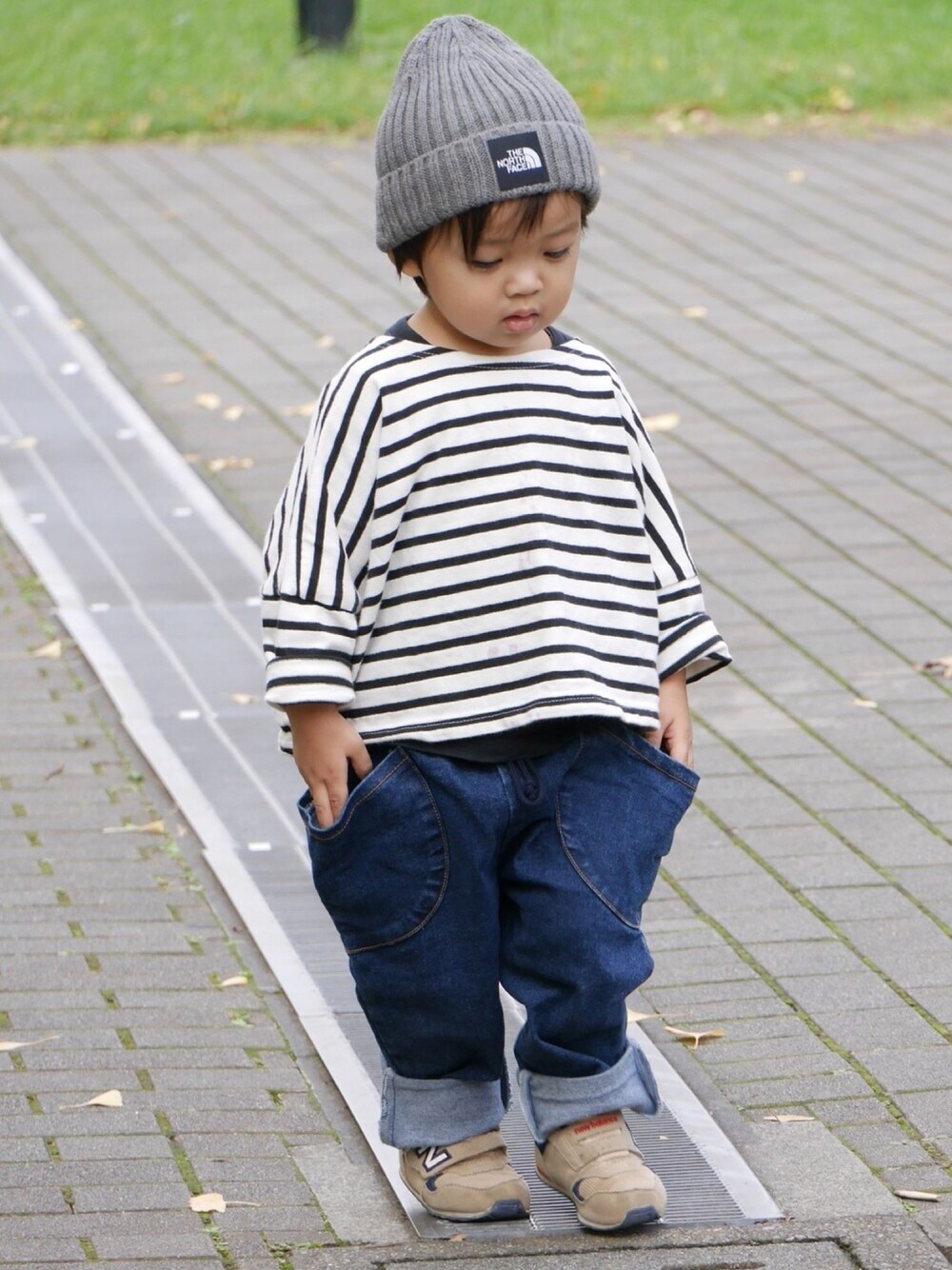 「むすこーで、男の子コーデ、秋服、2歳、男の子、ボーダー」｜「THE NORTH FACEのTHE NORTH FACE/Kids Cappucho Lid（ニットキャップ/ビーニー、グレー系）」を使った、sean111さん（キッズ・90cm）の秋コーディネートの1枚目の写真