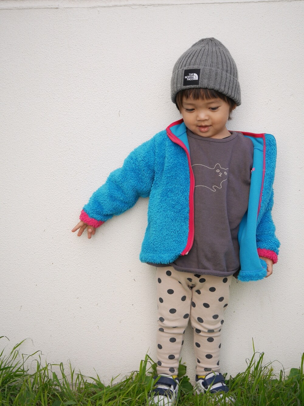 「男の子コーデ、むすこーで、冬コーデ、レギンス、2歳」｜「THE NORTH FACEのアイテム（その他アウター、ブルー系）」を使った、sean111さん（キッズ・90cm）の秋コーディネートの1枚目の写真