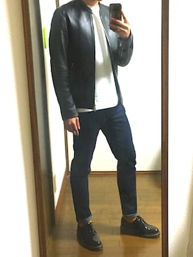 「くつした」｜「アイテム（ライダースジャケット）」を使った、KAZUさん（メンズ・172cm）の冬コーディネート