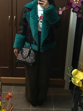 「PAGEBOY（ページボーイ）のアイテム（ライダースジャケット）」を使った、みーこさん（レディース・153cm）の冬コーディネート