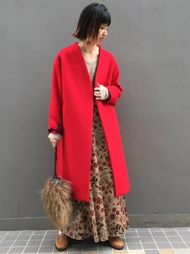 「アイテム（その他アウター、レッド系）」を使った、eripoyoさん（レディース・163cm）の冬コーディネート