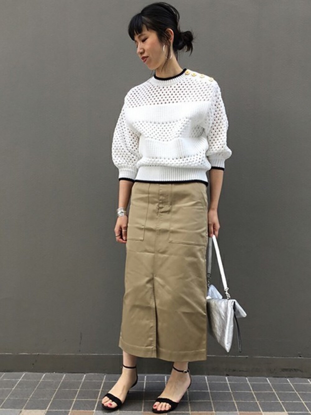 「FRAMeWORK」｜「FRAMeWORKのNYLON LILY プルオーバー◆（ニット/セーター、ホワイト系）」を使った、eripoyoさん（レディース・163cm）の春コーディネートの1枚目の写真
