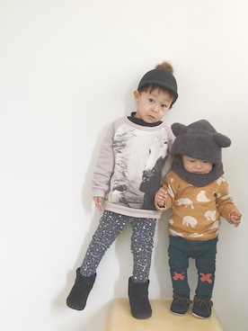 「動物モチーフ」｜「アイテム（ニットキャップ/ビーニー）」を使った、naoさん（キッズ・80cm）の冬コーディネート