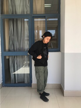 「工装」｜「アイテム（ジャケット/アウター）」を使った、啊鱼仔さん（レディース・158cm）の春コーディネート