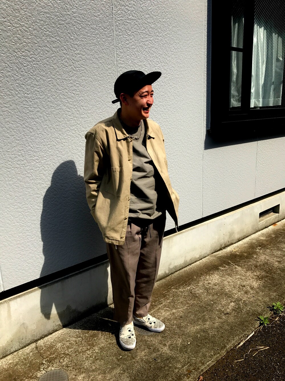 「Hender Scheme、JUSTIN DAVIS、meanswhile、70's、VANS、ワントーンコーデ、はるコーデ、ootd」｜「GARDEN TOKYOのHender Scheme/エンダースキーマ/nylon jet cap/ナイロン ジェット キャップ（キャップ、ブラック系）」を使った、megane_bozzさん（メンズ・165cm）の春コーディネートの1枚目の写真