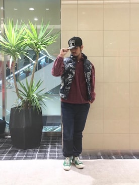 「HYSTERIC GLAMOUR（ヒステリックグラマー）のHYS WHISKY柄 刺繍キャップ（キャップ）」を使った、K.ODAさん（メンズ・182cm）の冬コーディネート