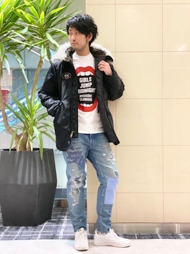 「ロックコーデ」｜「アイテム（ミリタリージャケット）」を使った、K.ODAさん（メンズ・182cm）の冬コーディネート