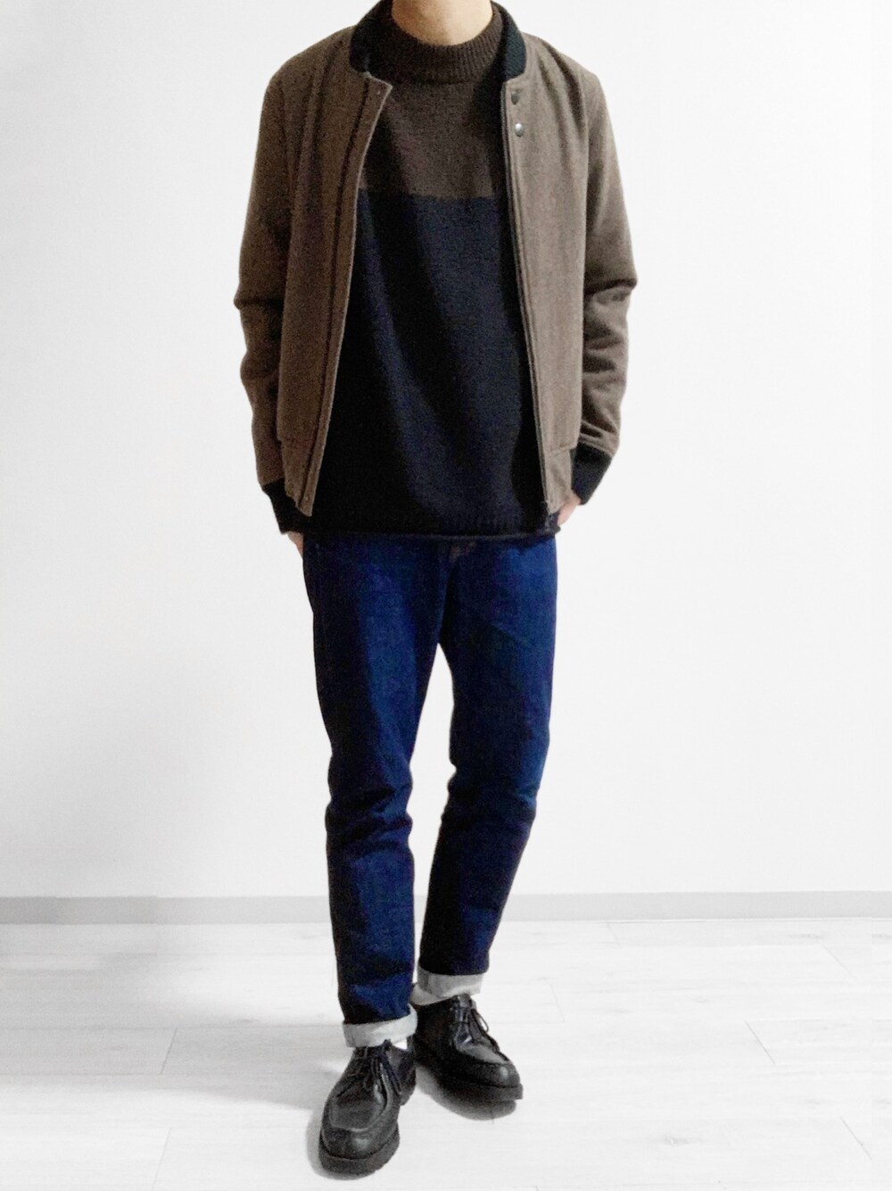 「年末WEAR感謝祭、おしゃれさんと繋がりたい、オトナカジュアル、カジュアル、冬アウター、キレイめ、シンプルコーデ、大人コーデ、ブラウン、革靴」｜「CIAOPANICの【Ciaopanic】【TOOL】　メルトンＺＩＰブルゾン（スタジャン、ブラウン系）」を使った、トシさん（メンズ・173cm）の冬コーディネートの1枚目の写真
