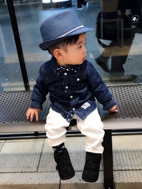 「ZARA KIDSのアイテム（ハット、ブルー系）」を使った、RYU★さん（キッズ・80cm）の春コーディネート