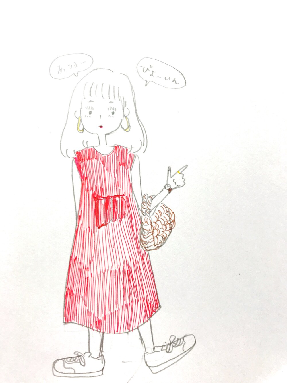 レッド系のワンピース、ホワイト系のスニーカー、ブラウン系のアナログ腕時計を着用したレディースの夏コーディネートの1枚目の写真