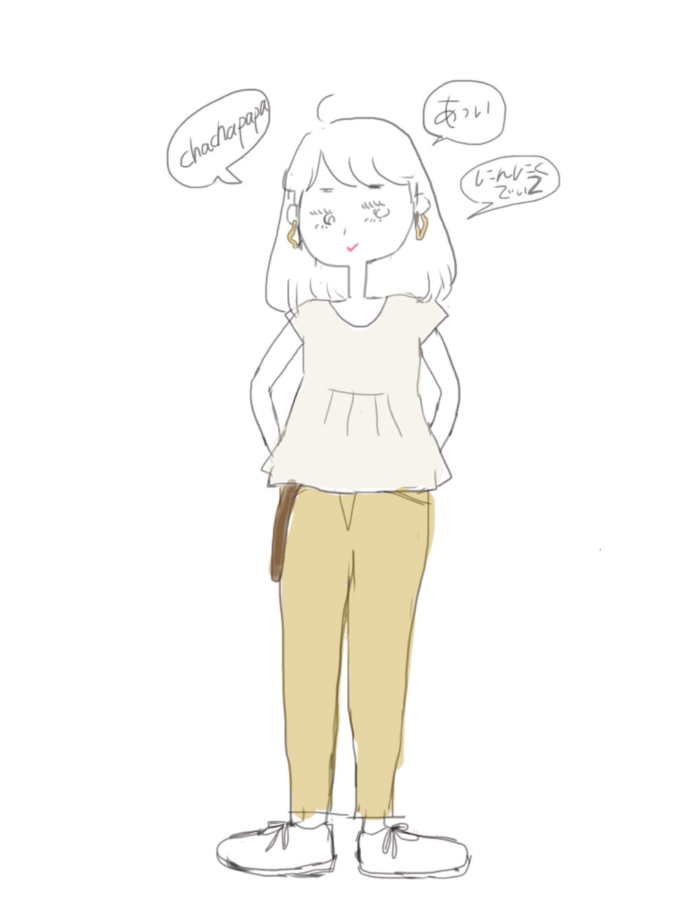 ベージュ系のパンツ、ホワイト系のシャツ/ブラウス、ホワイト系のドレスシューズを着用したレディースの夏コーディネートの1枚目の写真