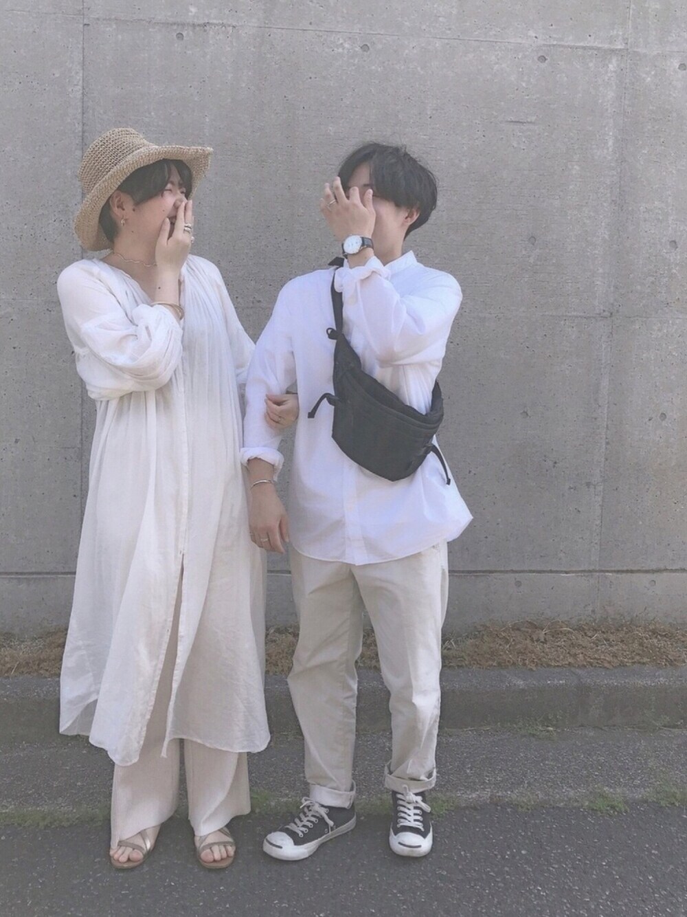 「オトナカジュアル、シンプル、シミラールック、デート、おしゃれさんと繋がりたい、ootd、ゆるコーデ、シャツスタイル、ワンピース」｜「LOWRYS FARMのボイルワンピース／７Ｓ　886442（ワンピース、ホワイト系）」を使った、mu☺︎さん（レディース・161cm）の秋コーディネートの1枚目の写真