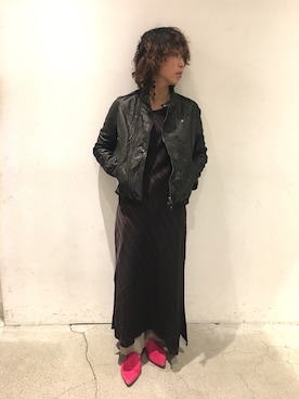 「Uncut Bound（アンカットバウンド）のUncut Bound(アンカットバウンド)  ﾗﾑﾚｻﾞｰﾗｲﾀﾞｰｽｼﾞｬｹｯﾄ（ライダースジャケット）」を使った、Yuka Ozawaさん（レディース・153cm）の冬コーディネート