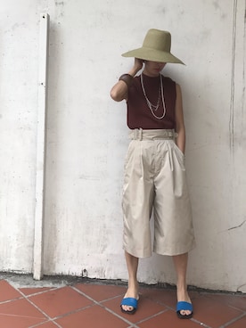 「RUMBLE RED（ランブルレッド）のアイテム（帽子）」を使った、Yuka Ozawaさん（レディース・155cm）の夏コーディネート