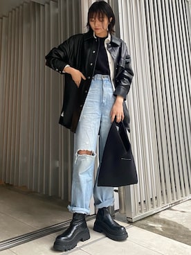 「UNIQLO U」｜「アイテム（ライダースジャケット）」を使った、Yurinaさん（レディース・166cm）の冬コーディネート