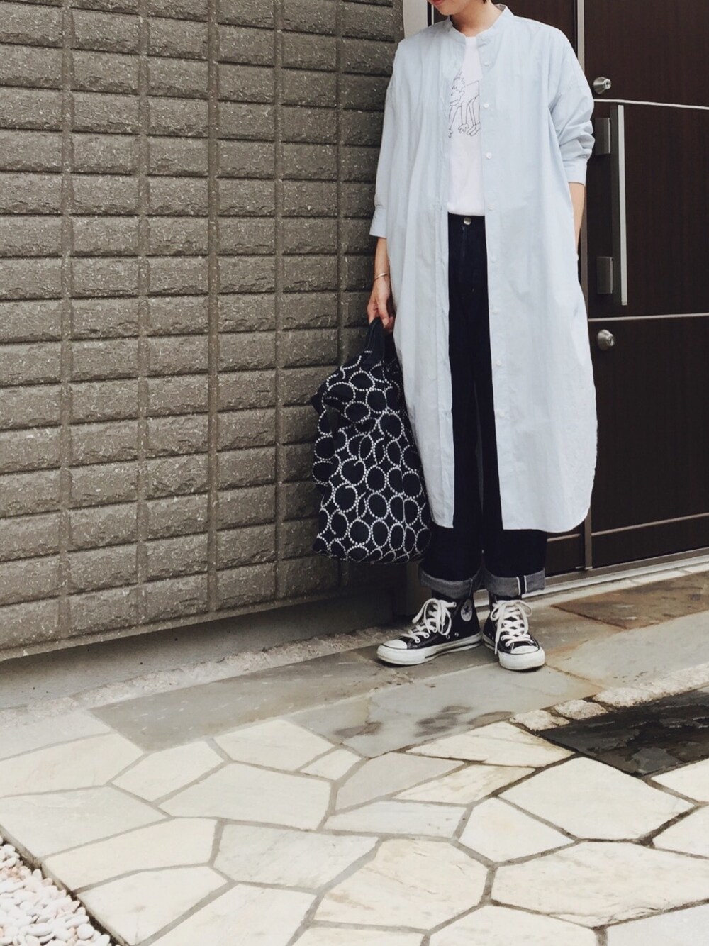 「UR20th_KG、ヤエカ、ミナペルホネン」｜「YAECAのアイテム（Tシャツ/カットソー、ホワイト系）」を使った、na.さん（レディース・160cm）の秋コーディネートの1枚目の写真