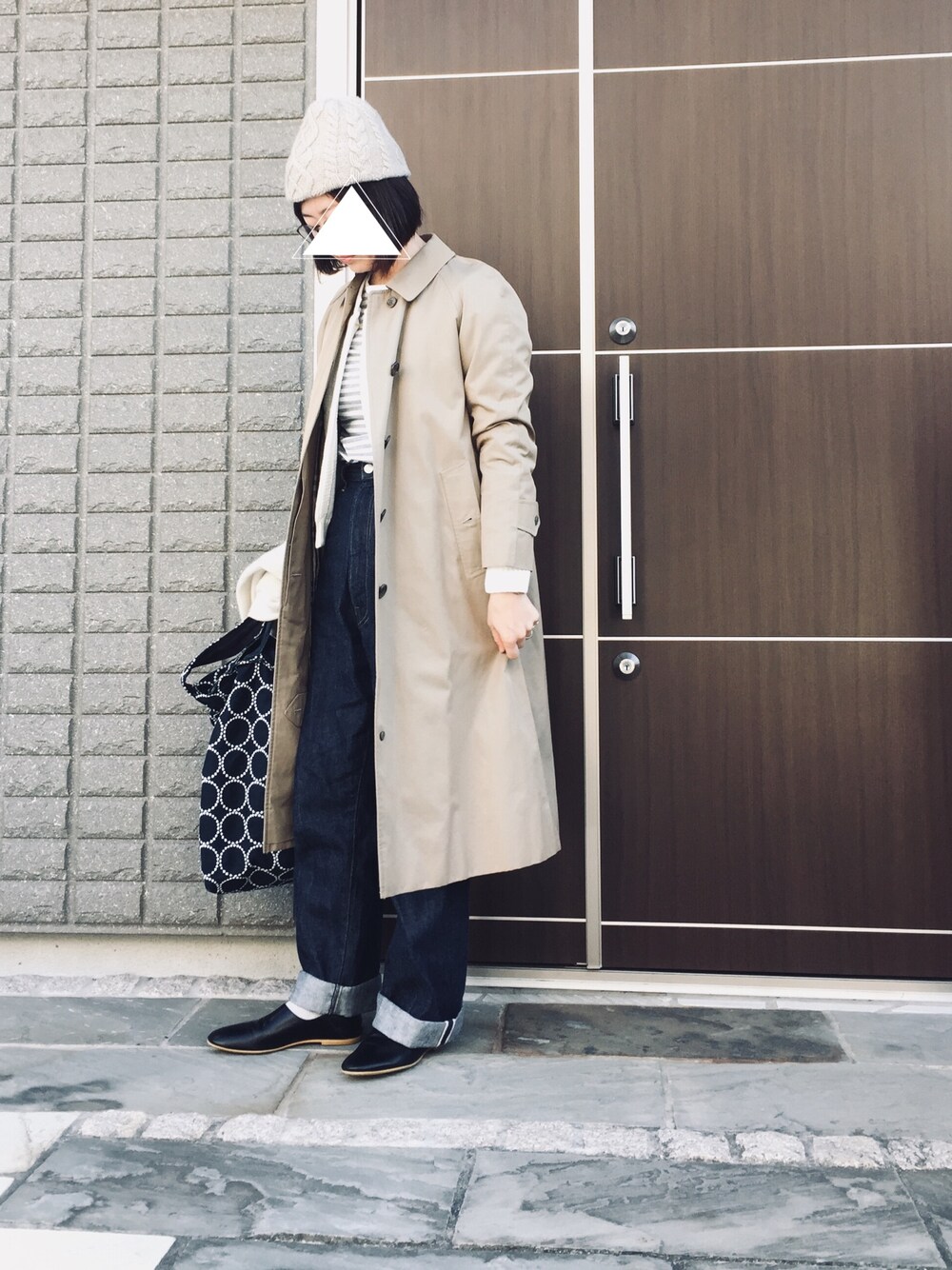 「ニット帽、ボーダー、バーバリー、アナトミカ、que shoes」｜「mature ha.のアイテム（ニットキャップ/ビーニー、ベージュ系）」を使った、na.さん（レディース・160cm）の冬コーディネートの1枚目の写真