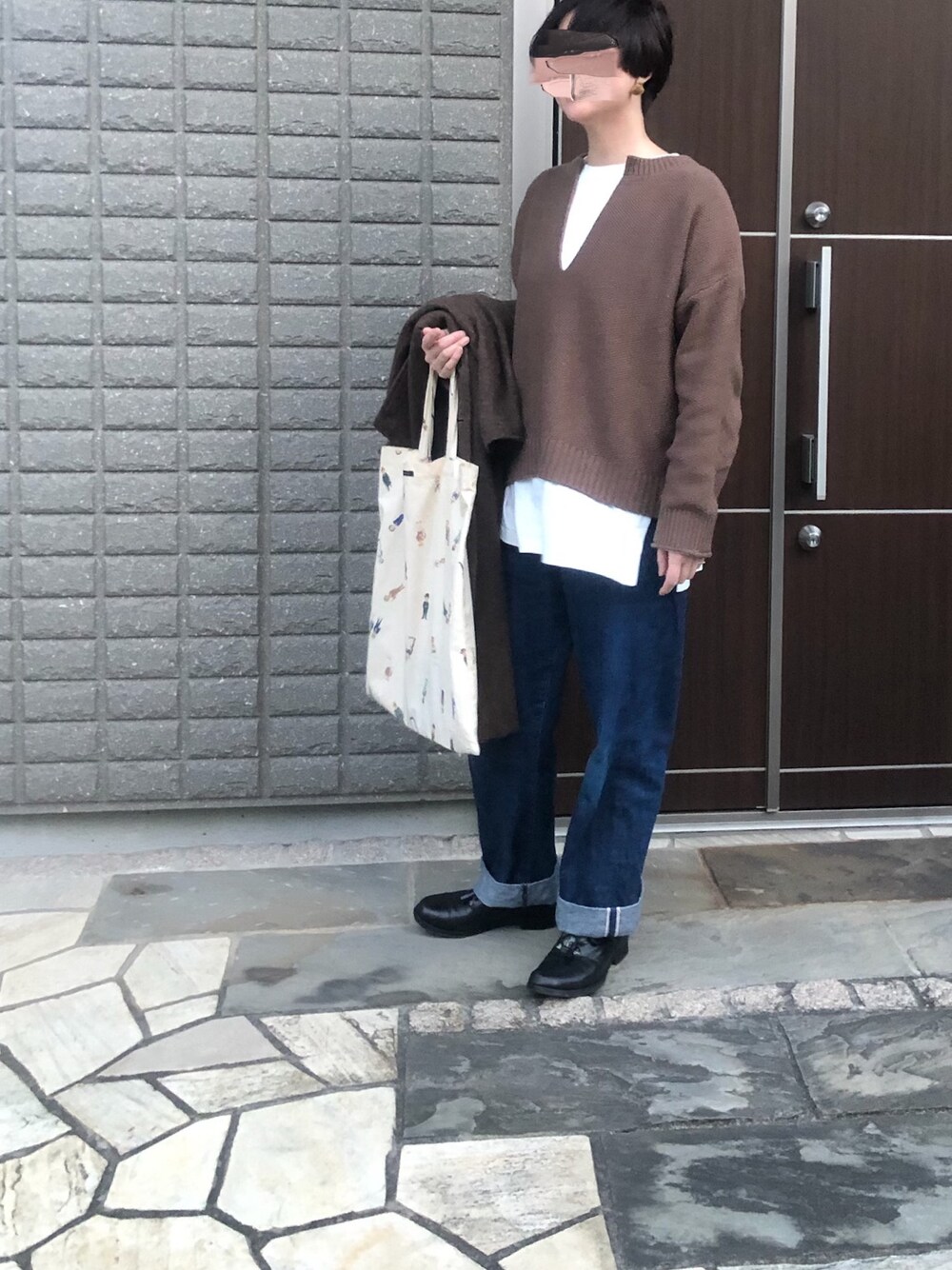 「今日のコーデ、大人カジュアル、楽チンコーデ、きれいめカジュアル、大人女子」｜「LOWRYS FARMのカノコスリットプルオーバーＬＳ　894825（ニット/セーター、ブラウン系）」を使った、na.さん（レディース・160cm）の冬コーディネートの1枚目の写真