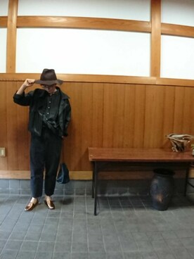 「巾着バッグ」｜「アイテム（ライダースジャケット）」を使った、まゆさん（レディース・167cm）の秋コーディネート