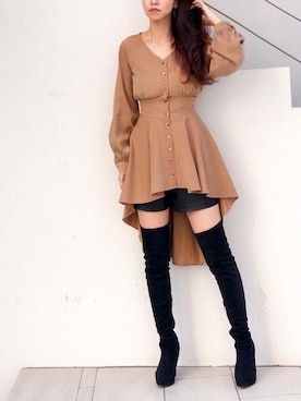 「レザー」｜「アイテム（チュニック）」を使った、miyaさん（レディース・157cm）の秋コーディネート