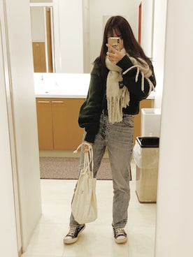 「GU（ジーユー）のアイテム（パンツ、ブルー系）」を使った、ruuさん（レディース・155cm）の冬コーディネート