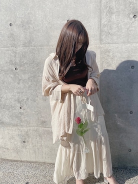 「Kastane（カスタネ）のシアーBIGシャツ（シャツ/ブラウス、ベージュ系）」を使った、ruuさん（レディース・155cm）の夏コーディネート