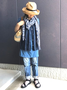 「麦わら帽子」｜「アイテム（チュニック）」を使った、kcocoronさん（レディース・160cm）の夏コーディネート