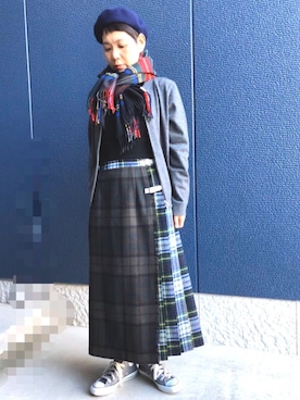 「キルトスカート」｜「アイテム（ノーカラージャケット）」を使った、kcocoronさん（レディース・160cm）の冬コーディネート