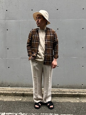 「417 EDIFICE（フォーワンセブンエディフィス）の【VLANK / ブランク】 CANVAS HAT（ハット、ホワイト系）」を使った、JI-KENさん（メンズ・168cm）の春コーディネート