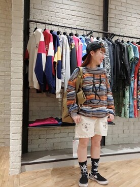 「HYSTERIC GLAMOUR（ヒステリックグラマー）のHYS WHISKY柄 刺繍キャップ（キャップ）」を使った、45さん（レディース・148cm）の春コーディネート