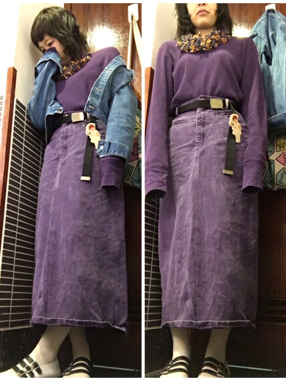 「パープル、紫、サーマル、シンプルコーデ、プチプラ、ジージャン、ハンドメイド、ママコーデ、美容師、同色コーデ」｜「usedのアイテム（デニムスカート、パープル系）」を使った、COCOさん（レディース・155cm）の春コーディネートの1枚目の写真