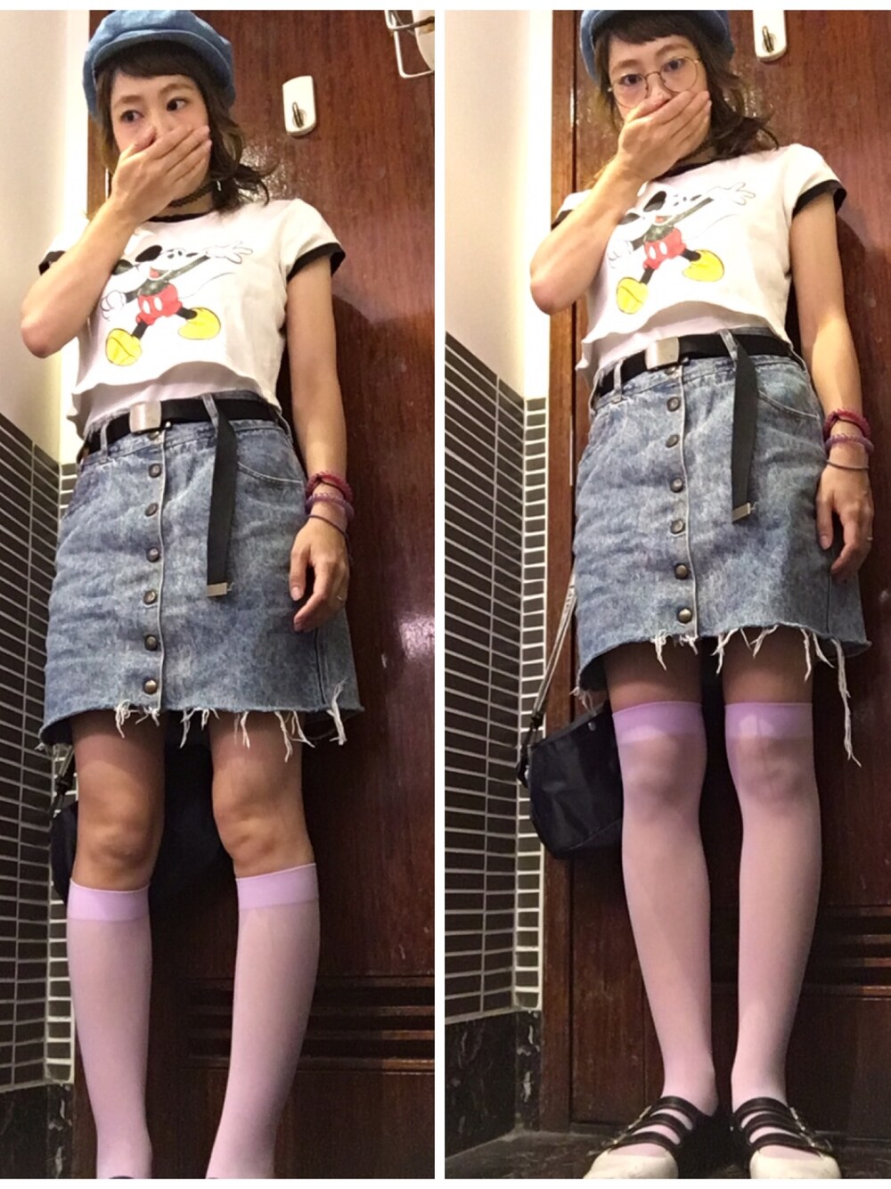 「Tシャツ、ショート丈、デニムスカート、used、キャスケット、ハイソックス、ママコーデ、美容師、プチプラ、ミッキー」｜「usedのアイテム（Tシャツ/カットソー、ホワイト系）」を使った、COCOさん（レディース・155cm）の夏コーディネートの1枚目の写真