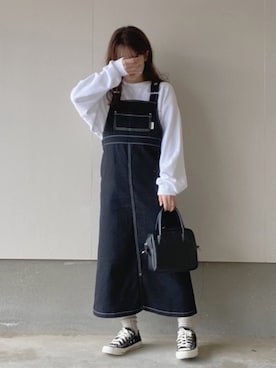 「INTER FACTORY（インターファクトリー）のアイテム（オールインワン・サロペット）」を使った、えだ( ¨̮ )さん（レディース・155cm）の春コーディネート