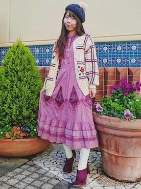 「レトロワンピース」｜「アイテム（ハンチング/ベレー帽）」を使った、Chie＊さん（レディース・159cm）の冬コーディネート