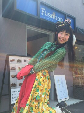 「柄×柄」｜「アイテム（デニムジャケット）」を使った、Chie＊さん（レディース・159cm）の春コーディネート