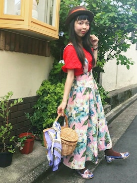 「ストローハット」｜「アイテム（ジャンパースカート）」を使った、Chie＊さん（レディース・159cm）の夏コーディネート