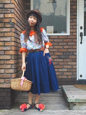 「kaorinomori（カオリノモリ）の【雑誌mer8月号掲載】【カオリノモリ】・ポークパイ（ハット）」を使った、Chie＊さん（レディース・159cm）の夏コーディネート