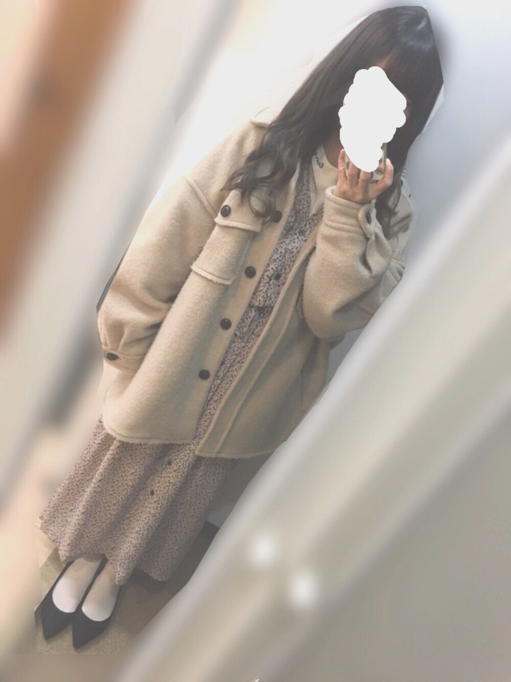 「大人カジュアル、ビッグシルエット、休日スタイル、ワンピース、CPOジャケット、LOWRYS FARM、Kastane」｜「LOWRYS FARMのＣＰＯジャケット　801227（その他アウター、ベージュ系）」を使った、あおい☺︎♥︎︎∗︎*ﾟさん（レディース・155cm）の冬コーディネートの1枚目の写真