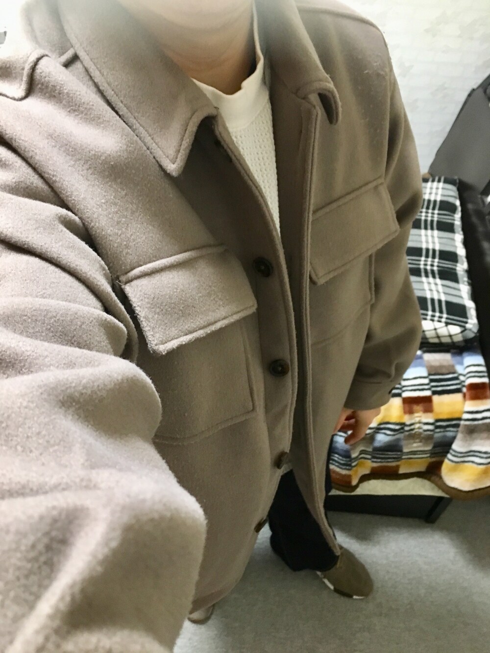 「秋のコーデ、秋のカフェオレコーデ、ビッグシルエット、ワッフル、CPOジャケット、Levi's、フレアパンツ、フレアデニム、New Balance、スニーカー」｜「BACK NUMBERの【BACK NUMBER】ヘビーウェイトワッフルロンT（Tシャツ/カットソー、ホワイト系）」を使った、りゅうたさん（メンズ・158cm）の秋コーディネートの1枚目の写真