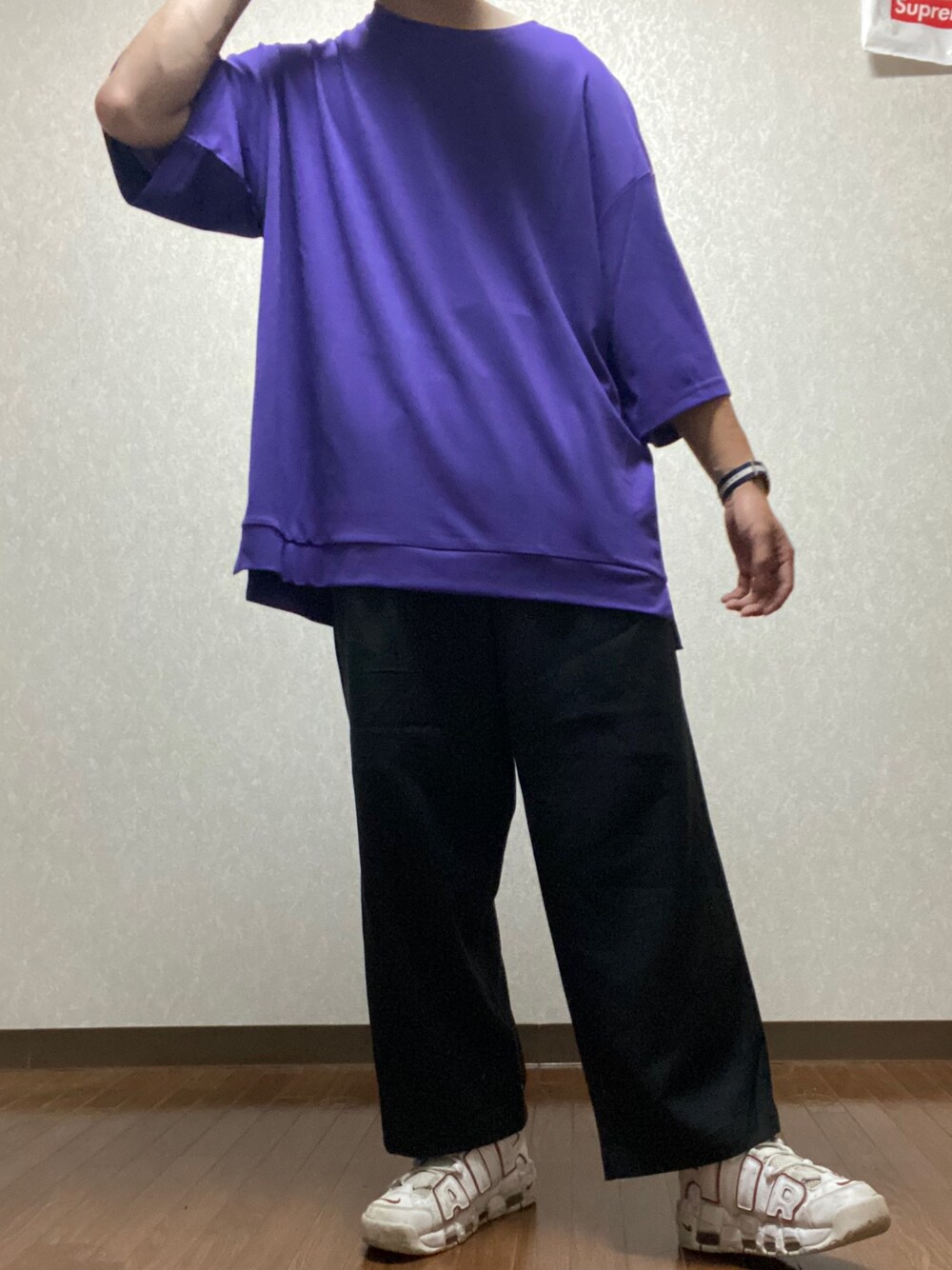「シャツ好き集まれ、お洒落さんとつながりたい、ビッグシルエット、ストリート、スケータースタイル、オーバーサイズシャツ、大人カジュアル、相互フォロー、夏」｜「neosのアイテム（Tシャツ/カットソー、パープル系）」を使った、コーンフレークの里さん（メンズ・172cm）の夏コーディネートの1枚目の写真
