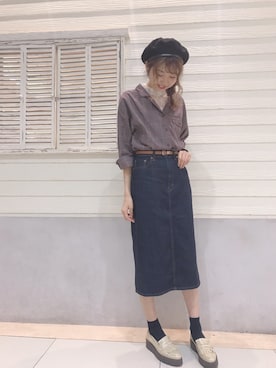 「アイテム（スカート、ブルー系）」を使った、mikaさん（レディース・165cm）の秋コーディネート