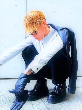 「ノーカラーシャツ」｜「アイテム（ライダースジャケット）」を使った、TETUさん（メンズ・174cm）の冬コーディネート