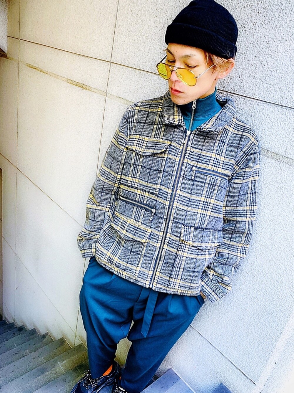 「メルトン、チェック、ハーフジップ、アンクルパンツ、グリーン、BALENCIAGA、ニット帽、ストリート、ストリートMIX、not conventional」｜「NOT CONVENTIONALのNOT CONVENTIONAL wool design jkt（ブルゾン、その他）」を使った、TETUさん（メンズ・174cm）の冬コーディネートの1枚目の写真