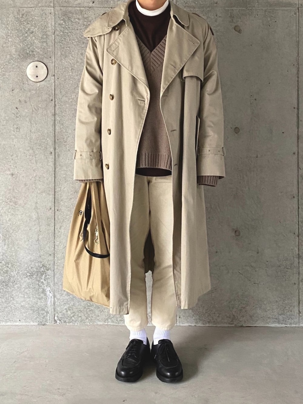 「ベージュ、ベージュコーデ、stein、yoke、BEAUTY&YOUTH UNITED ARROWS、KLEMAN、nunc、unfil」｜「unfilの【unfil】コットンフランネル 長袖Tシャツ MEN（Tシャツ/カットソー、ブラウン系）」を使った、ゆうきさん（メンズ・170cm）の冬コーディネートの1枚目の写真