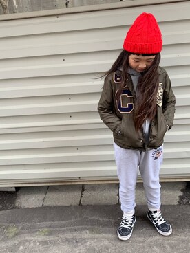 「DENIM DUNGAREE（デニムダンガリー）のアイテム（ブルゾン）」を使った、しおん◡̈⃝︎⋆︎*さん（キッズ・131cm）の春コーディネート