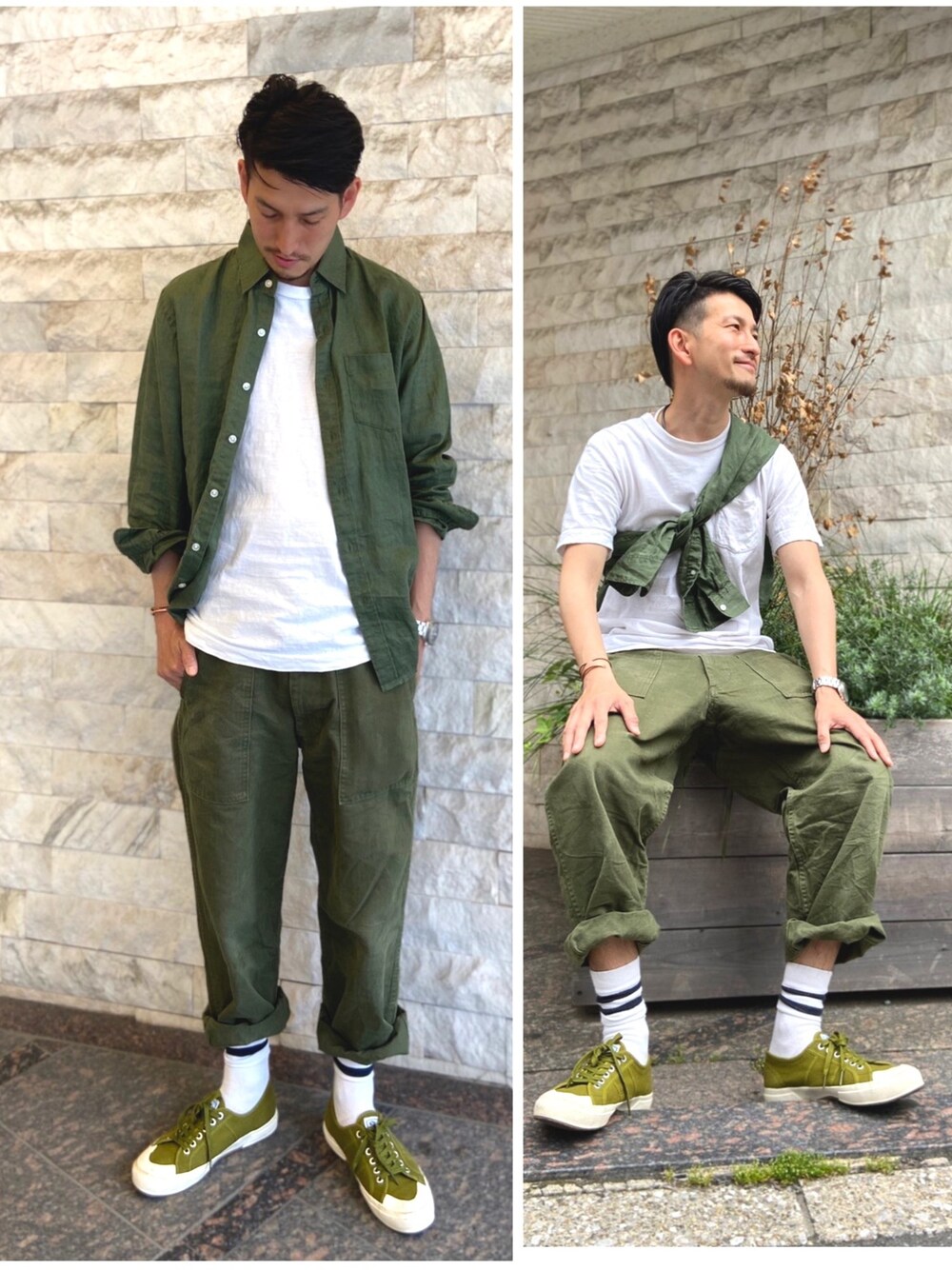 グリーン系のシャツ/ブラウス、グリーン系のカーゴパンツ、ホワイト系のTシャツ/カットソーを着用したメンズの春コーディネートの1枚目の写真