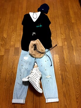 「Champion（チャンピオン）のアイテム（ニットキャップ/ビーニー、ブルー系）」を使った、なってぃさん（レディース・163cm）の冬コーディネート