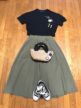 「MOUSSY（マウジー）のアイテム（Tシャツ/カットソー、ブラック系）」を使った、なってぃさん（レディース・163cm）の夏コーディネート