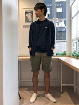 「NANO universe（ナノユニバース）のOGAWA ALLWEATHER TEE TYPE1（Tシャツ/カットソー）」を使った、nano・universe men’s STAFFさん（メンズ・174cm）の夏コーディネート