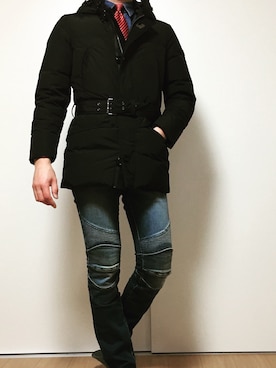 「アイテム（ネクタイ、レッド系）」を使った、カタツムリさん（メンズ・182cm）の冬コーディネート